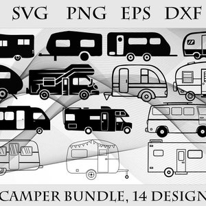 May include: A set of 14 black and white camper and RV silhouette designs. The designs include a variety of styles, including travel trailers, motorhomes, and vans.  SVG PNG EPS DXF CAMPER BUNDLE, 14 DESIGNS