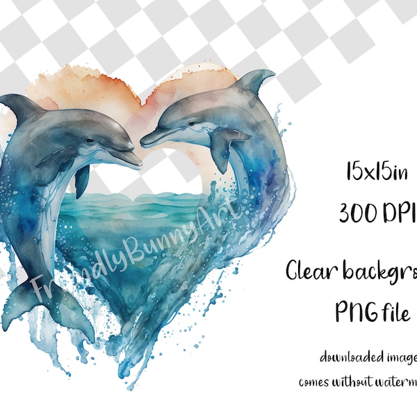 Watercolour Dolphins PNG, Dolphin Couple Art, Two Dolphins Heart Clear Background Clipart, Printable, Sublimation, Digital Download