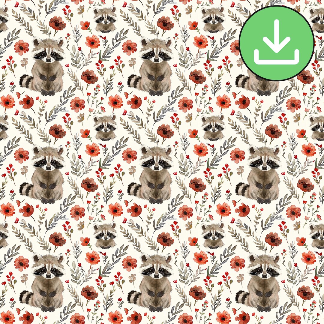 Watercolor Raccoon and Red Flowers Seamless Pattern, Floral Repeat ...