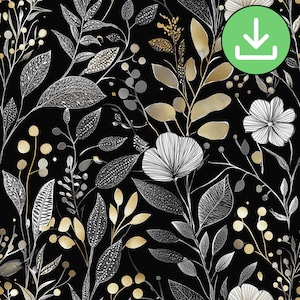 Black Wildflower Seamless Pattern, Metallic Silver Gold Flowers Black Background Repeat Tile, Whimsical, Digital Paper, Digital Download