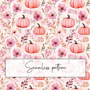 May include: A seamless pattern featuring pink pumpkins, pink flowers, and autumnal foliage. The design includes the text "Seamless pattern" in a white rectangle at the bottom. The overall aesthetic is soft and watercolor-like.
