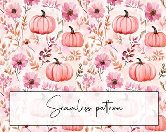 Pink Fall Floral Seamless Pattern With Pumpkins, Pink Autumn Flowers Repeat Pattern Tile, Printable, Digital Paper, (Digital Download)