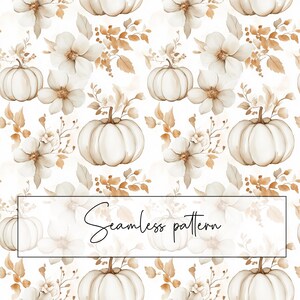 Könnte beinhalten: Ein nahtloses Muster mit Aquarellkürbissen, Blumen und Blättern in Weiß, Beige und Braun. Die Kürbisse sind rund mit Stielen, und die Blumen haben zarte Blütenblätter. Der Text "Seamless pattern" wird in einem rechteckigen Rahmen angezeigt.