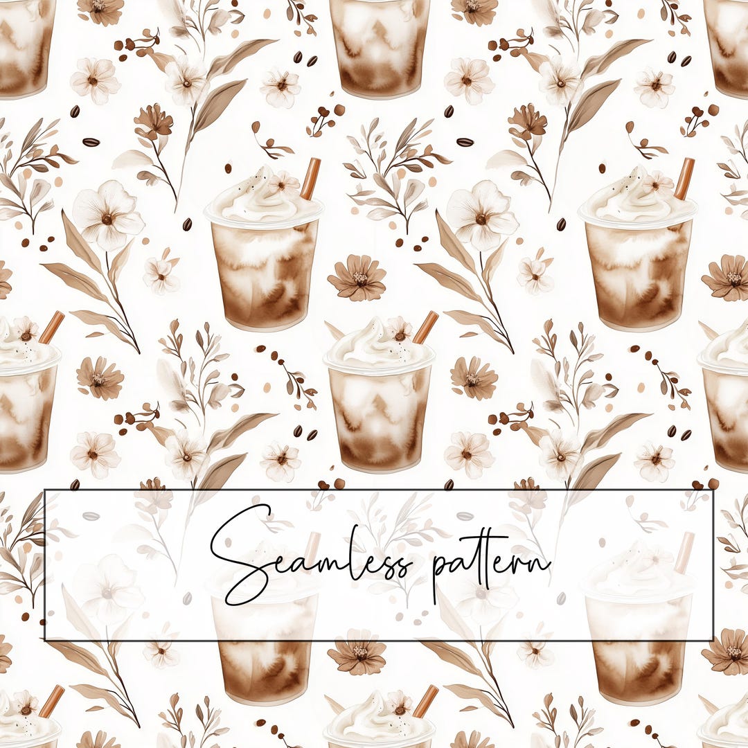 Frappe Coffee Seamless Pattern, Neutral Brown and White Coffee Repeat