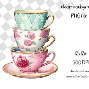 Könnte beinhalten: Aquarell-Illustration von drei gestapelten Teetassen. Die obere Tasse ist türkis mit einem Rautenmuster, die mittlere Tasse ist weiß mit rosa Rosen und die untere Tasse ist rosa mit einer Rose und einer Untertasse. Der Bildtext lautet "clear background PNG file" und "12x12in 300 DPI".