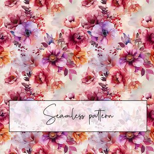 Könnte beinhalten: Nahtloses Muster mit Aquarellblumen in Rosa-, Lila- und Orangetönen. Die Blumen sind in einem sich wiederholenden Muster auf einem hellbeigen Hintergrund angeordnet.