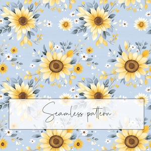 Peut inclure: Un motif sans couture avec des tournesols jaunes, de petites marguerites blanches et des feuilles gris-vert sur un fond bleu clair. Le texte "Seamless pattern" est affiché dans un rectangle blanc.
