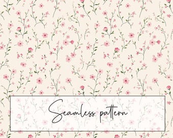 Ditsy Pink Flower Seamless Pattern, Wildflower Floral Beige Background Repeat Pattern, Cute Vintage Style, Digital Paper, Digital Download