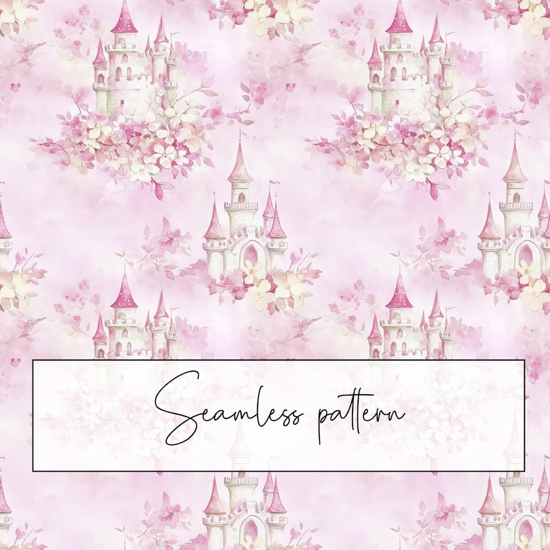 Pink Floral Castle Seamless Pattern, Watercolor Princess, Girl Nursery ...