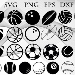Sportballen bundel van 25 SVG png eps dxf Cricut Cut bestand basketbal voetbal voetbal volleybal tennisbal vector clipart digitale download