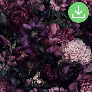 Donker humeurig naadloos bloemmotief, pruim en bordeauxrode bloemen zwarte achtergrond herhalen patroon tegel, bloesem, digitaal papier, digitale download