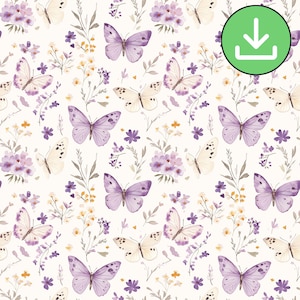 Lilac Butterflies Seamless Pattern, Light Purple Spring Floral Butterfly Repeat Pattern, Printable Card, Sublimation, Digital Download