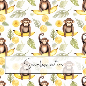 Affe Banane Musterdesign, Aquarell Süßer Affe Rapportmuster, druckbare Karte, Sublimation, digitaler Download