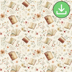 Books And Flowers Seamless Pattern, Neutral Beige Background Bookish Repeat Pattern, Floral Vintage Books, Paper, Digital Download