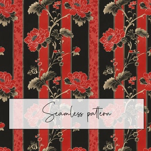 Motivo floreale asiatico rosso scuro nero senza soluzione di continuità, motivo ripetuto, stile vintage, tessuto tessile, carta da parati a strisce, download digitale