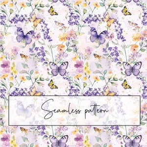 Patrón sin costuras de flores de acuarela moradas y amarillas con mariposas, patrón floral repetido, tarjeta imprimible, sublimación, descarga digital