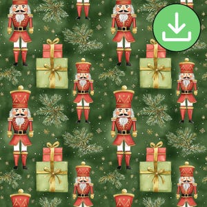 Christmas Nutcracker Seamless Pattern, Festive Green Gold Red Repeat Pattern, Digital Paper, Gifts Crafting, Junk Journal, Digital Download