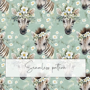 Puede incluir: Patrón sin costuras con un diseño repetitivo de cebras blancas y negras con flores de margarita blancas sobre un fondo verde claro. Las cebras tienen flores blancas en el pelo.