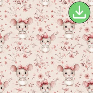 Watercolor Blush Pink Mouse Seamless Pattern, Cute Mouse Pink Bow Flowers Repeat Pattern, Floral Mice, Tile, Digital Paper, Digital Download