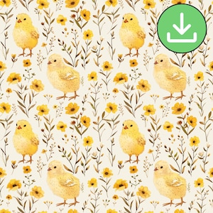 Cute Yellow Chicken With Flowers Seamless Pattern, Farm Floral Repeat Pattern, Fabric Pattern Printable Card Sublimation, Digital Download