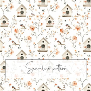 Op de afbeelding: Naadloos patroon met witte vogelhuisjes, oranje bloemen en kleine vogels op takken tegen een witte achtergrond. De tekst "Seamless pattern" wordt weergegeven in een rechthoekig kader.