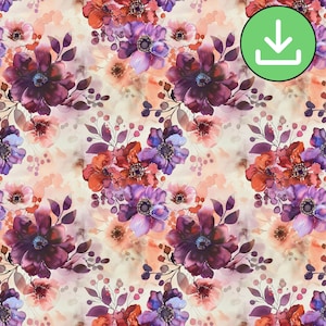 Watercolor Fall Red Maroon Purple Flowers Seamless Pattern, Autumn Floral Repeat Pattern, Fabric Pattern, Wallpaper Design, Digital Download