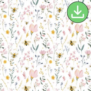 Wildblumen mit Bienen Musterdesign, Aquarell Sommerwiese Blumenwiese, Hummel, Honigbiene, Papier, digitaler Download