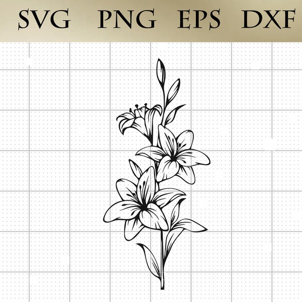 Lily SVG png eps dxf Lily Flower Drawing Outline Cricut Silhouette Vector Art Clipart Digital Download