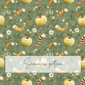 Op de afbeelding: Naadloos patroon met cartoonappels met lachende gezichten en gestreepte rupsen op een groene achtergrond. Witte bloemen en bladeren zijn verspreid over het ontwerp. De tekst "Seamless pattern" wordt weergegeven in een witte rechthoek.