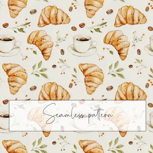 Peut inclure: Un motif sans couture avec des illustrations à l'aquarelle de croissants, de tasses à café et de grains de café sur un fond beige clair. Le motif est parfait pour une utilisation dans une variété de projets de design, tels que le tissu, le papier peint et la papeterie.
