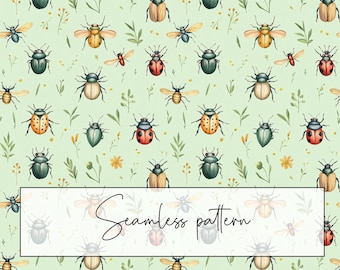 Summer Bugs Seamless Pattern, Green, Beetles Repeat Tile (Digital Download)