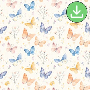 Whimsical Pastel Butterflies Seamless Pattern, Light Colorful Floral Butterfly Repeat Pattern Tile, Printable Card, Paper, Digital Download