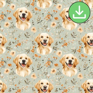 Watercolor Golden Retriever Seamless Pattern, Cute Dog With Flowers Repeat Tile, Sage Green Background, Printable, Digital Download