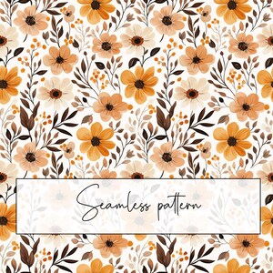 May include: A seamless floral pattern featuring orange and cream-coloured flowers with brown leaves and stems on a white background. The text "Seamless pattern" is displayed in a white rectangle.