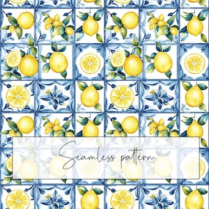 May include: A seamless pattern featuring lemons and lemon slices on a white background with blue and white tiles. The lemons are yellow and the tiles have a floral design.