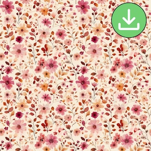 Watercolor Pink Fall Floral Seamless Pattern, Ditsy Dusty Rose Color Beige Autumn Repeat Pattern Tile, Printable, (Digital Download)