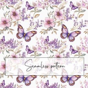 May include: A seamless pattern featuring delicate purple and pink flowers with butterflies on a white background. The text "Seamless pattern" is in the center of the image.
