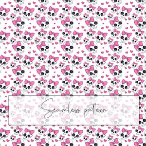 May include: A seamless pattern featuring white skulls with pink bows on a white background with pink hearts. The text "Seamless pattern" is at the bottom of the image.