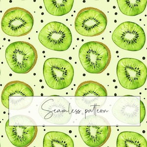 Peut inclure: Motif sans couture avec des illustrations à l'aquarelle de kiwis tranchés sur fond vert clair. Les kiwis sont verts avec des bords bruns et des graines noires. Le texte "Seamless pattern" est dans un rectangle blanc.