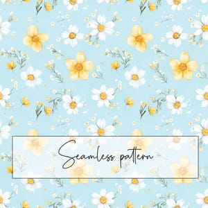 May include: A seamless pattern featuring watercolor flowers in yellow and white against a light blue background. The design includes daisies and other floral elements, with the text "Seamless pattern" in a rectangular frame.