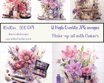 Peut inclure: Un ensemble de 12 images JPG de haute qualité de produits de maquillage et de fleurs. Les images mesurent 25,4 cm sur 25,4 cm et ont une résolution de 300 DPI. Les images sont disponibles en téléchargement et ne comportent pas de filigrane. Le texte "Make-up set with flowers" est inclus dans l'image.