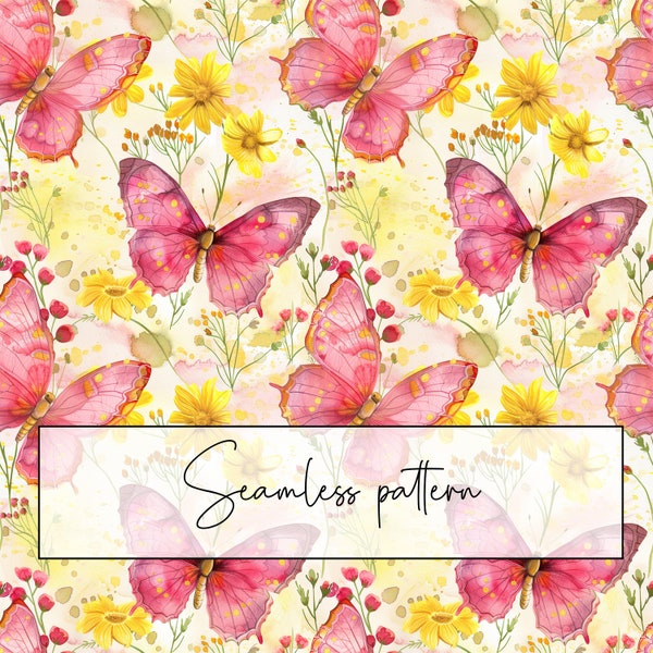 Pink Red Butterfly With Yellow Flowers Seamless Pattern, Floral Repeat Pattern, Fabric Pattern Printable Card Sublimation, Digital Download