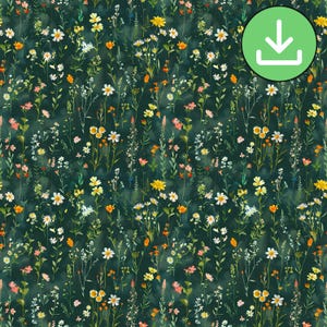 Fleurs sauvages, motif transparent, fond vert foncé, motif floral répété, délicat, petits carreaux, motif tissu, sublimation, téléchargement numérique
