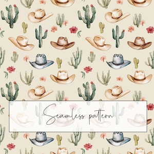 Cappello da cowboy in stile western e cactus modello senza cuciture, modello ripetuto, selvaggio West, Texas, biglietto stampabile, carta digitale, download digitale