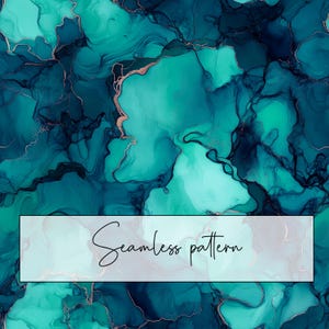 May include: Seamless pattern featuring abstract swirls of teal and dark blue with gold accents. The pattern is reminiscent of liquid marble.