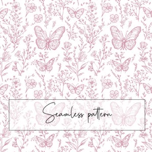 Op de afbeelding: Een naadloos patroon met roze vlinders en bloemmotieven op een witte achtergrond. De tekst "Seamless pattern" staat in een rechthoekige kader. Geschikt voor diverse creatieve projecten.