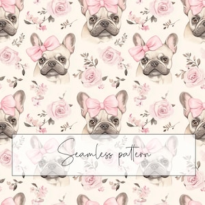 Può includere: Uno schema senza cuciture con un bulldog francese beige chiaro con un fiocco rosa sulla testa. Lo sfondo è di colore crema chiaro con rose rosa e foglie.