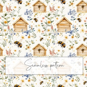 May include: A seamless pattern featuring watercolour illustrations of bees, beehives, and wildflowers on a white background. The pattern is perfect for fabric, wallpaper, or other creative projects.