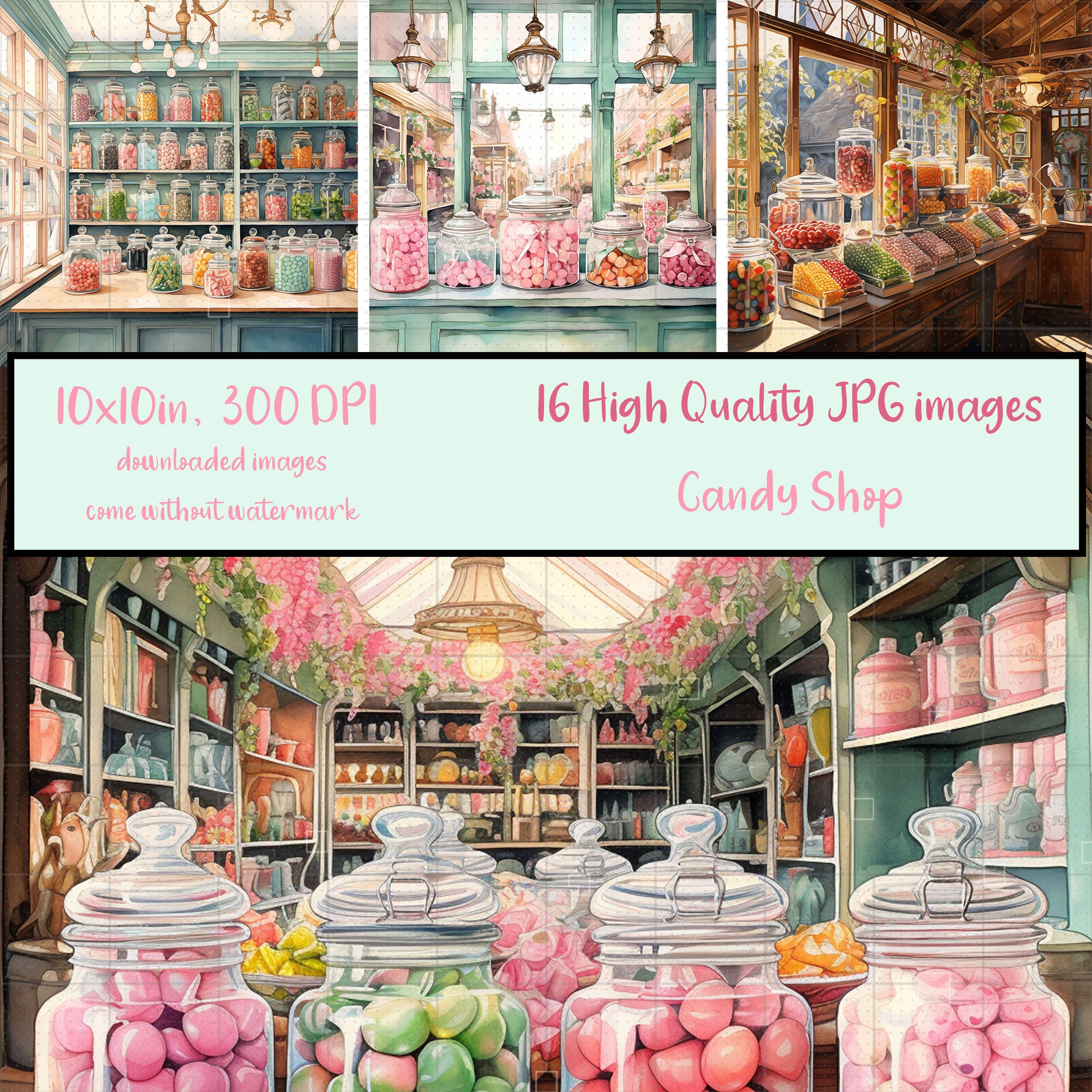 Candy Shop Bundle of 16 JPG Clipart, Watercolour, Sweets Shop, Store, Printable, Sublimation, Paper Craft, Scrapbooking, Digital Download