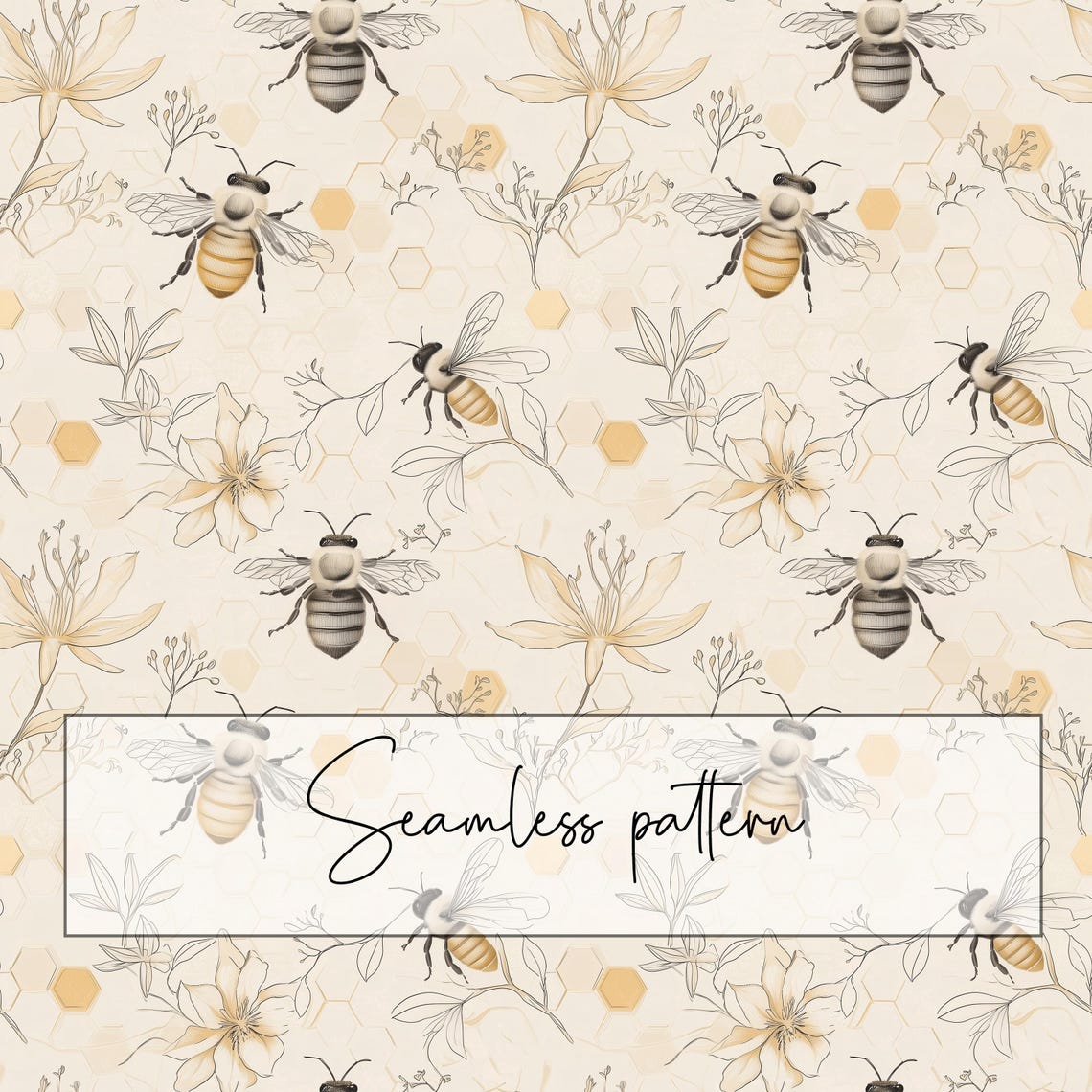 Bee Honeycomb Seamless Pattern, Beige Floral Bee Repeat Pattern ...